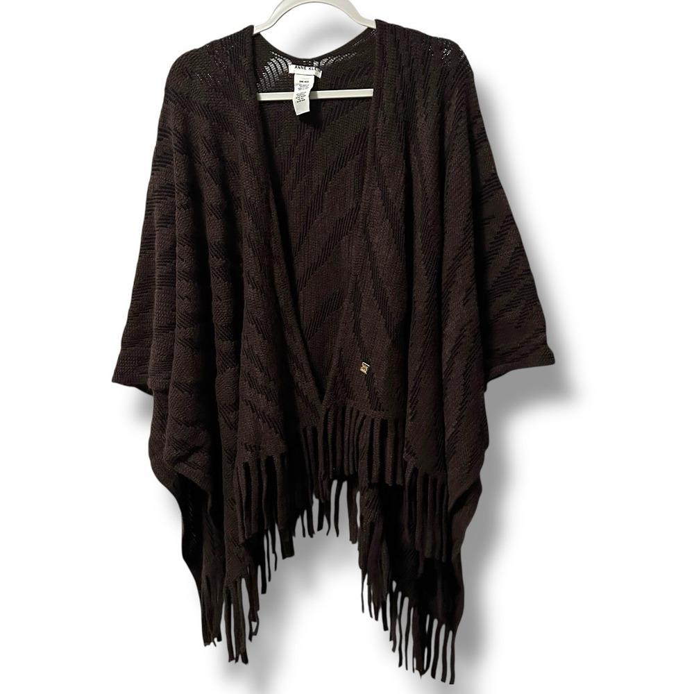 Anne Klein Chocolate Brown Textured Knit Fringe Poncho Wrap Women's OS Boho